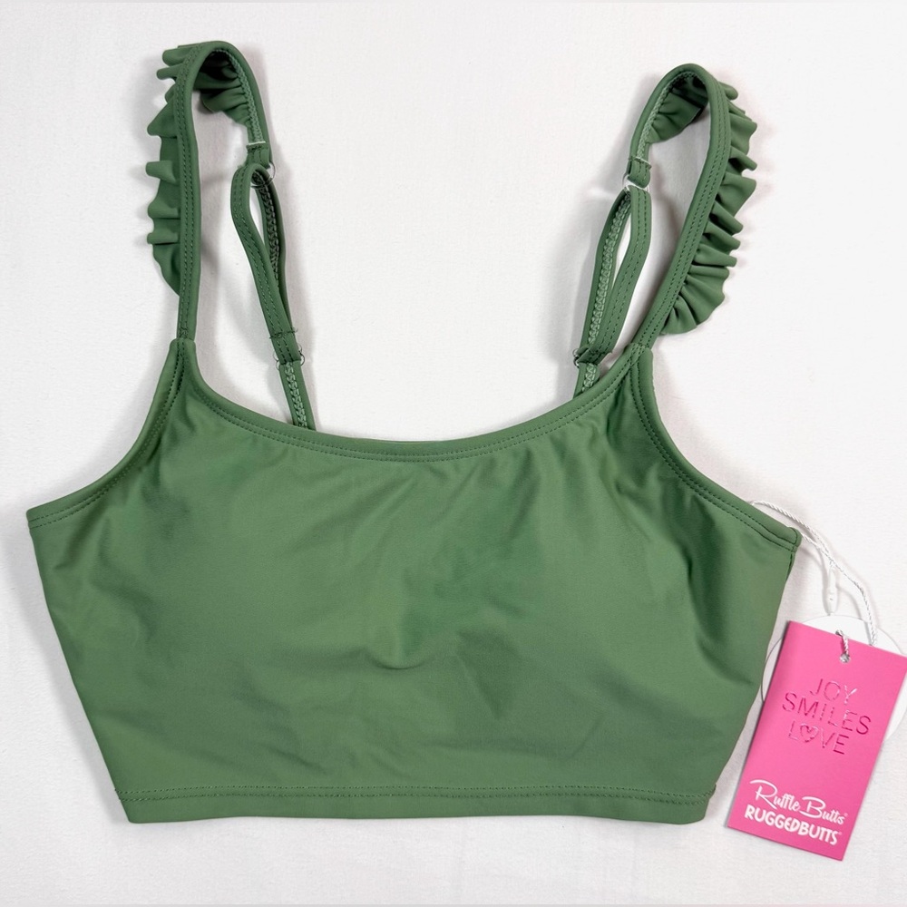 NWT RUFFLE BUTTS Tween‎ Girls' Green Ruffle Strap Bikini Top Swimwear Size 14